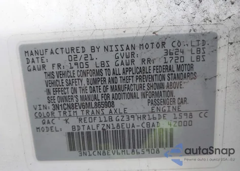 2021 Nissan Versa Sv Xtronic Cvt из США, поврежденный, VIN 3N1CN8EV6ML865908